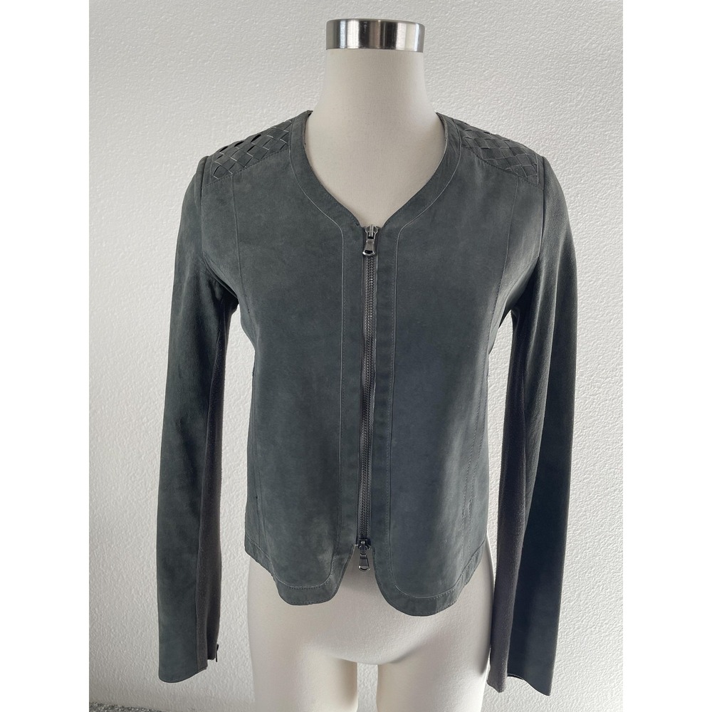 Ella Moss Jacket Womens Small Gray Leather Woven Shoulder Zip Lined Short Moto